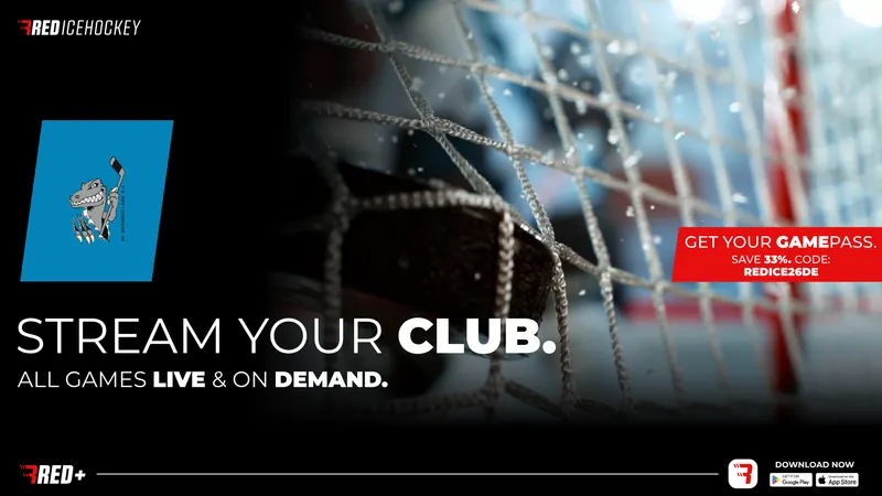 Kampagnenmotiv von RED Icehockey mit dem Raptors-Logo: Stream your club, alle Spiele live und auf Abruf.